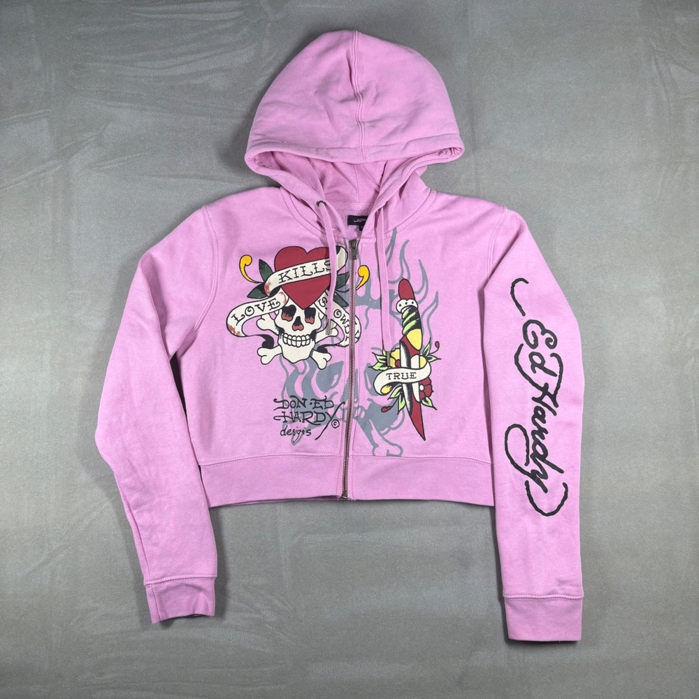 Ed Hardy Pink Cropped Zip Hoodie Love Kills Slowly Tiger Graphic Y2K Womens XL